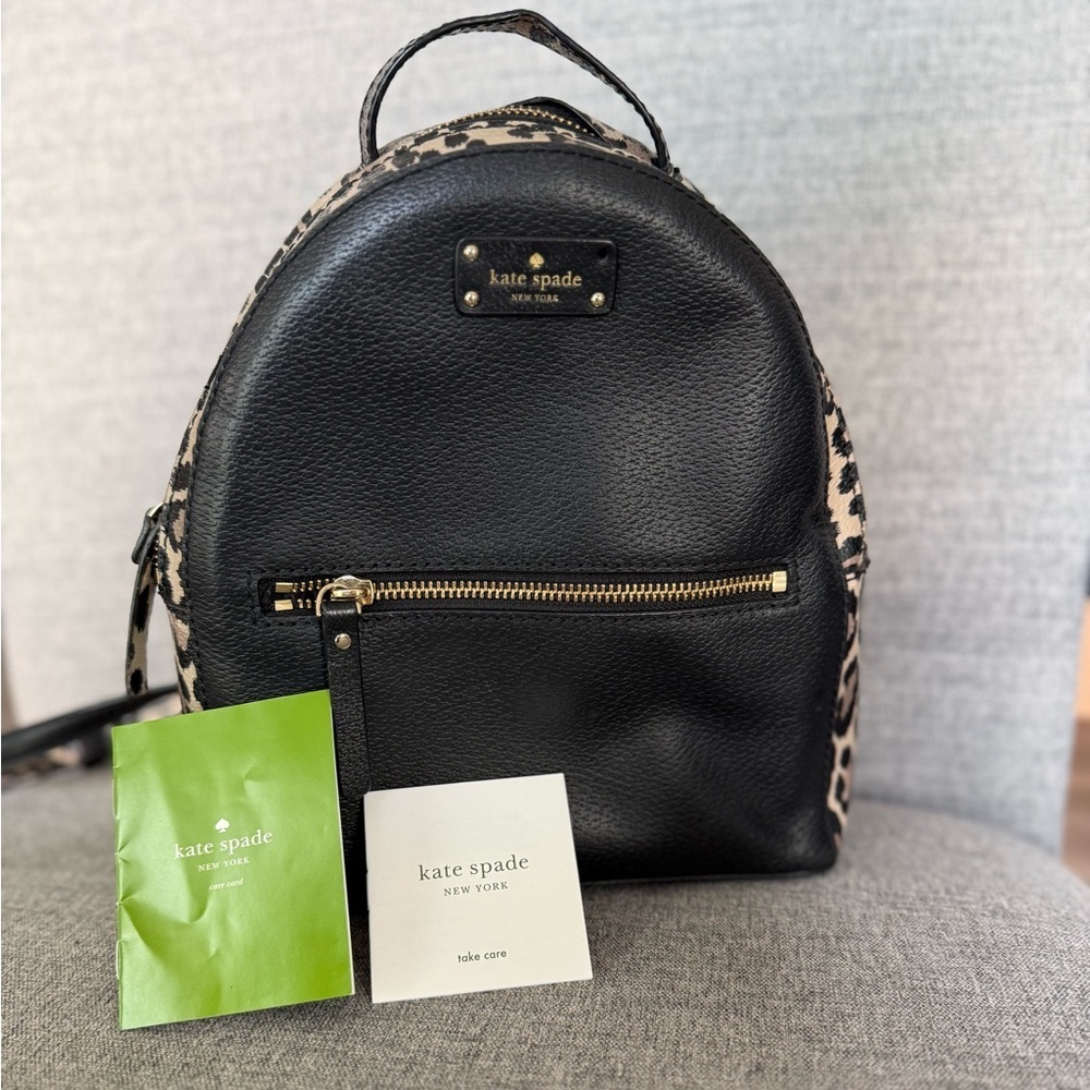 kate spade Black Leather Mini Backpack with Leopard Accent